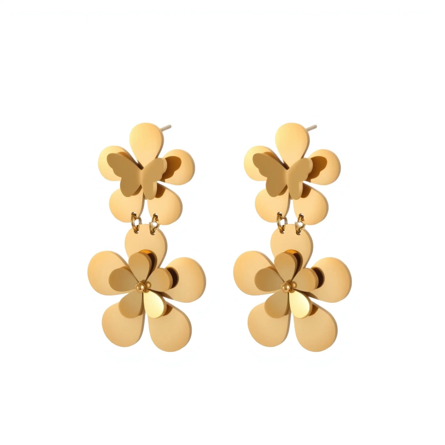 Gold colour flower butterfly stainless steel earrings for women with geometric and zodiac design elements