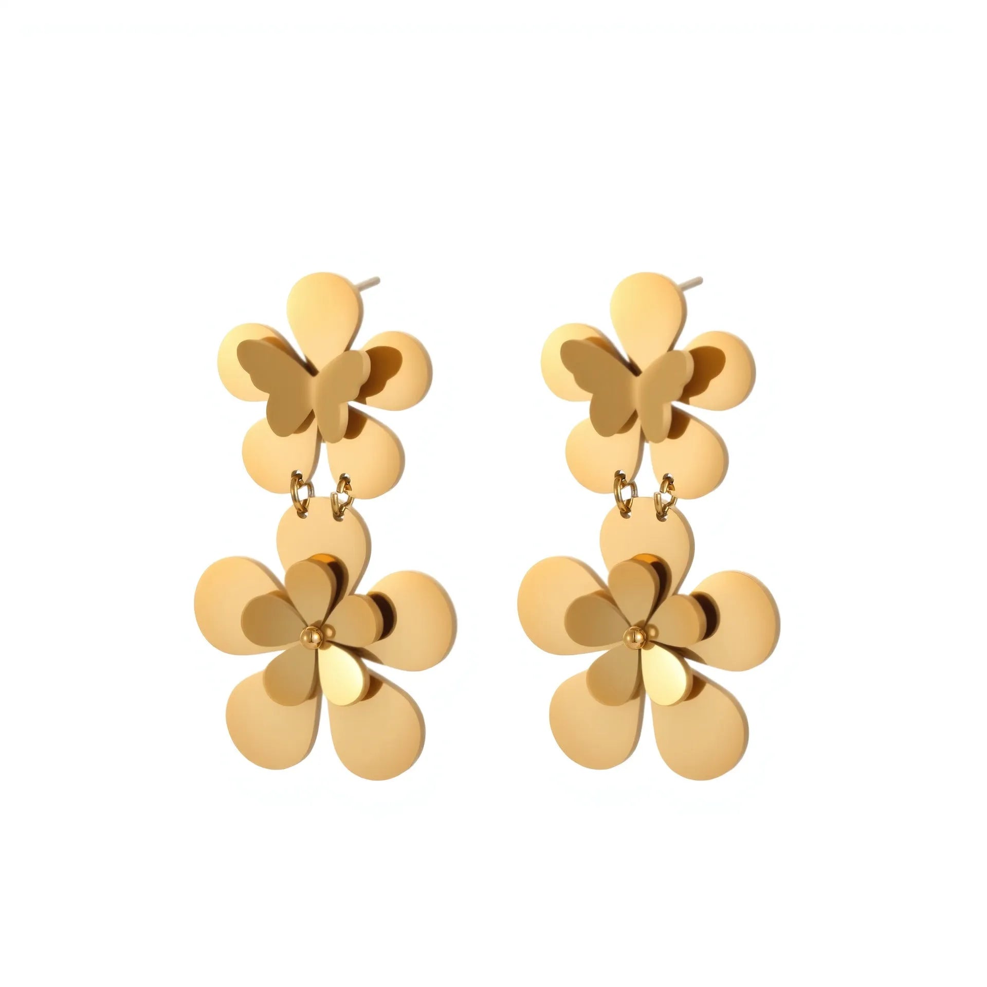 Gold colour flower butterfly stainless steel earrings for women with geometric and zodiac design elements