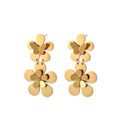 Gold colour flower butterfly stainless steel earrings for women with geometric and zodiac design elements