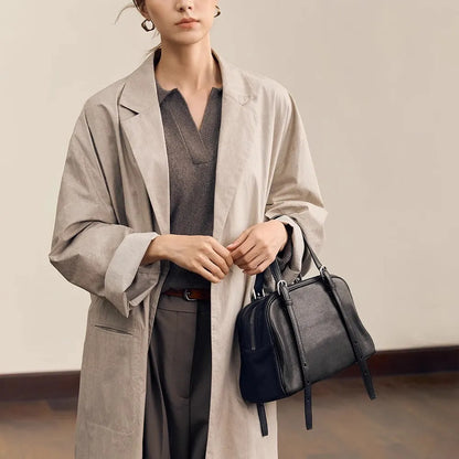 Women's retro casual genuine leather shoulder bag in horizontal square shape with double straps