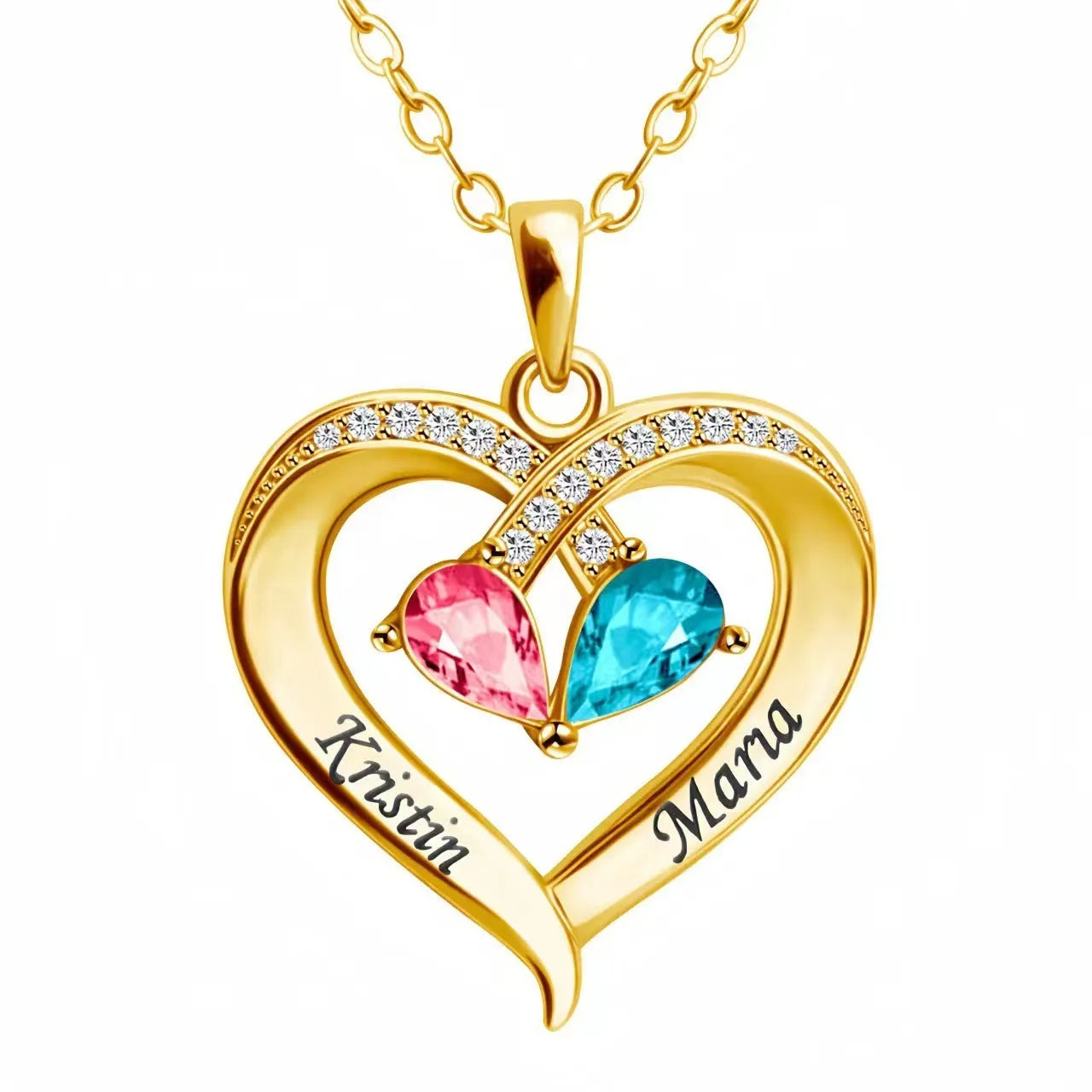 Two-colour water drop heart pendant necklace with diamond and 12 birthstones for women.