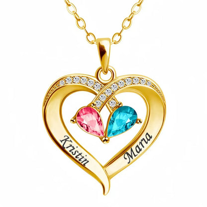 Two-colour water drop heart pendant necklace with diamond and 12 birthstones for women.