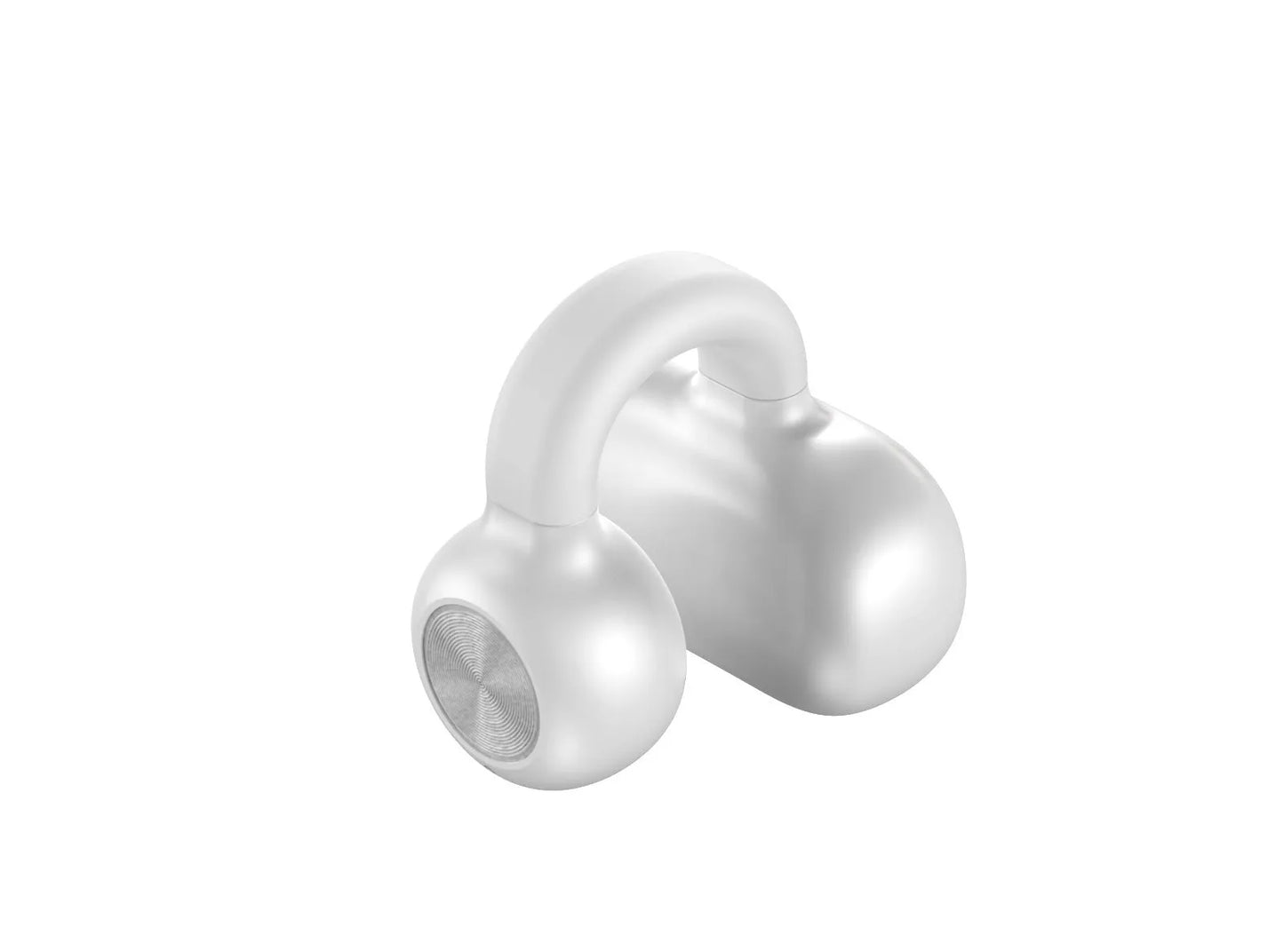 Black wireless Bluetooth clip-on earphones with bone conduction technology on a white background.