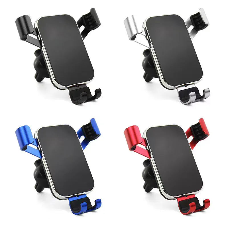 Aluminum alloy car phone holder with electroplated finish, shown in Black Blue Red and Silver options