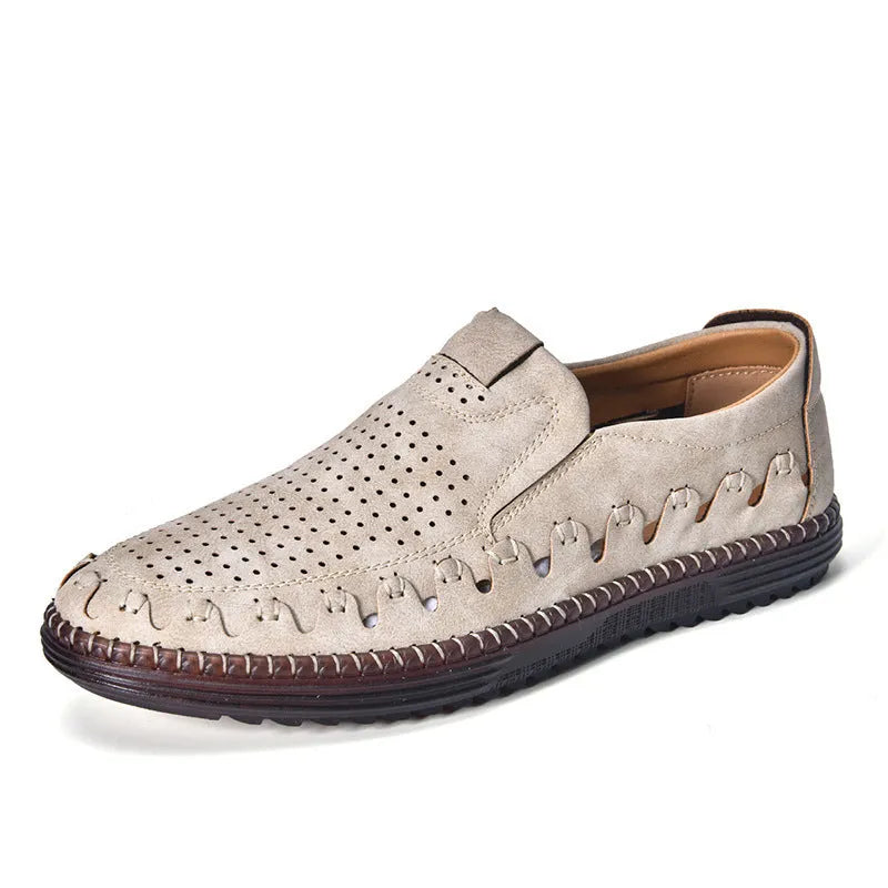 Men's brown slip-on casual shoes with round toe and visible sewing line details