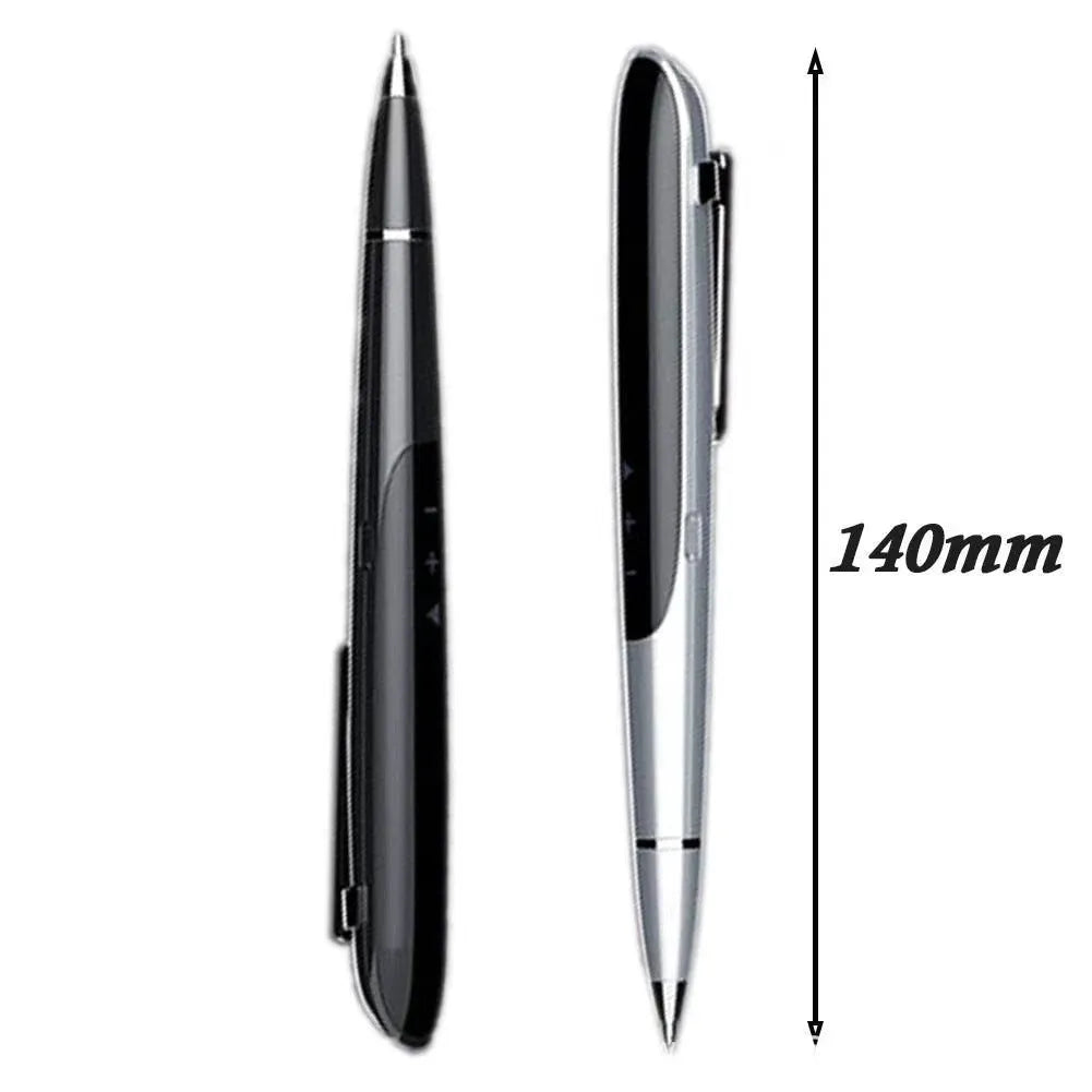 Black lossless audio recording pen with OLED display screen on a desk next to headphones.
