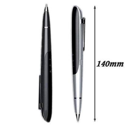 Black lossless audio recording pen with OLED display screen on a desk next to headphones.