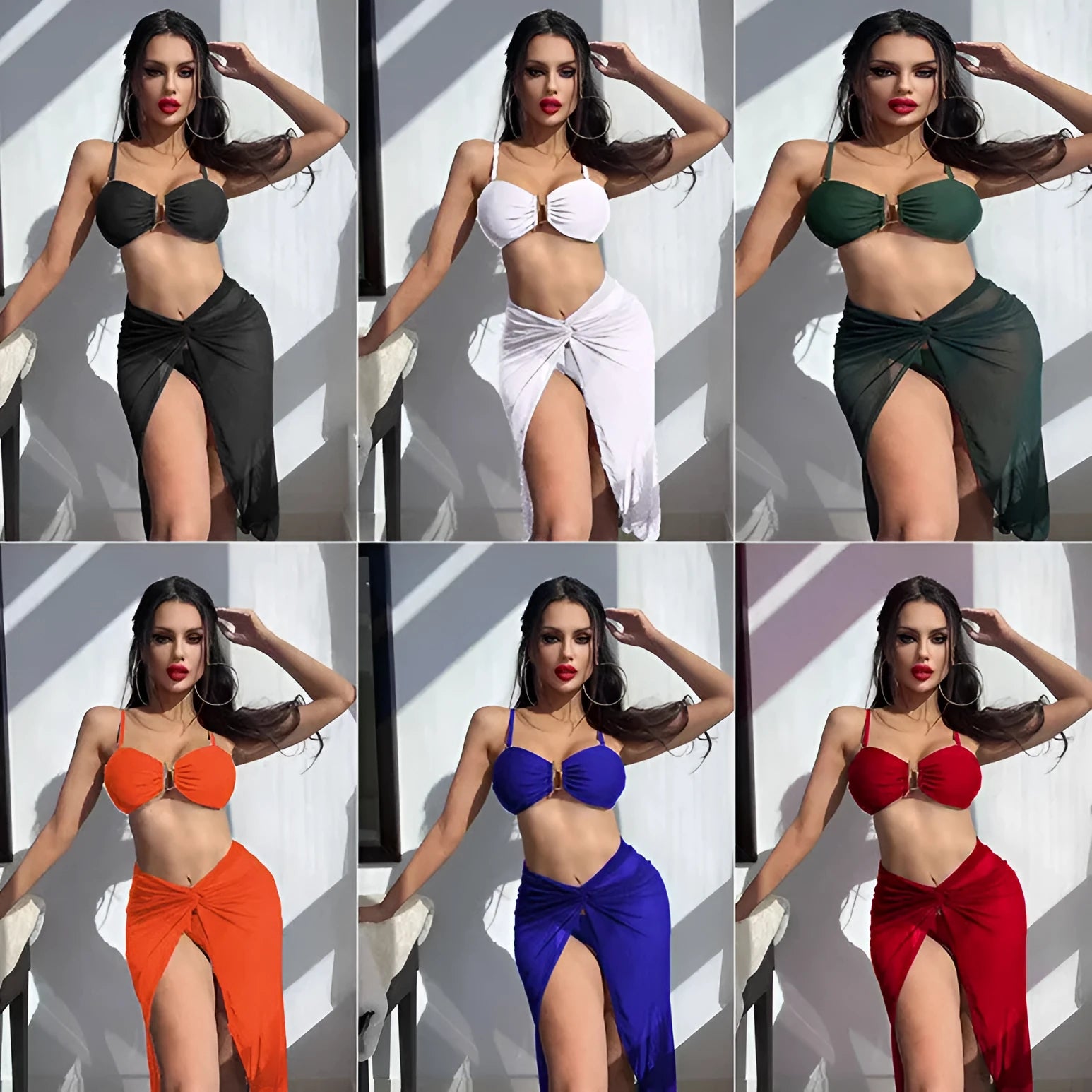Women's multicolour French-style bikini three-piece set featuring a long culotte skirt.