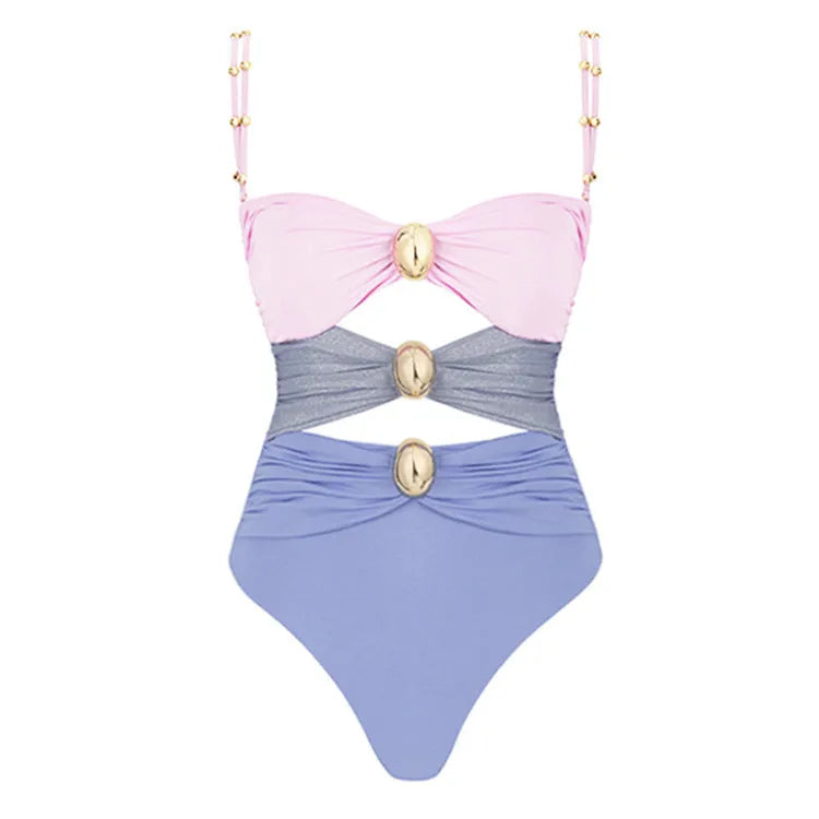 Women's one-piece swimsuit with round buckle decoration and hollow-out stitching design in nylon fabric