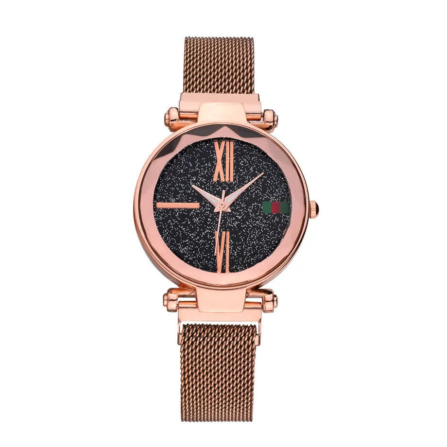 Ladies quartz watch with stainless steel magnet band in choice of six colours on wrist.