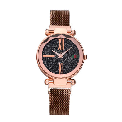 Ladies quartz watch with stainless steel magnet band in choice of six colours on wrist.