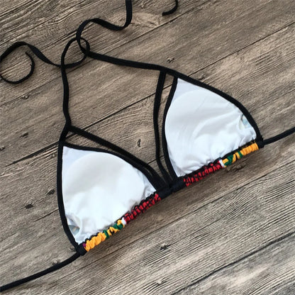 Women's digital print high-waisted bikini set with backless top and split briefs.