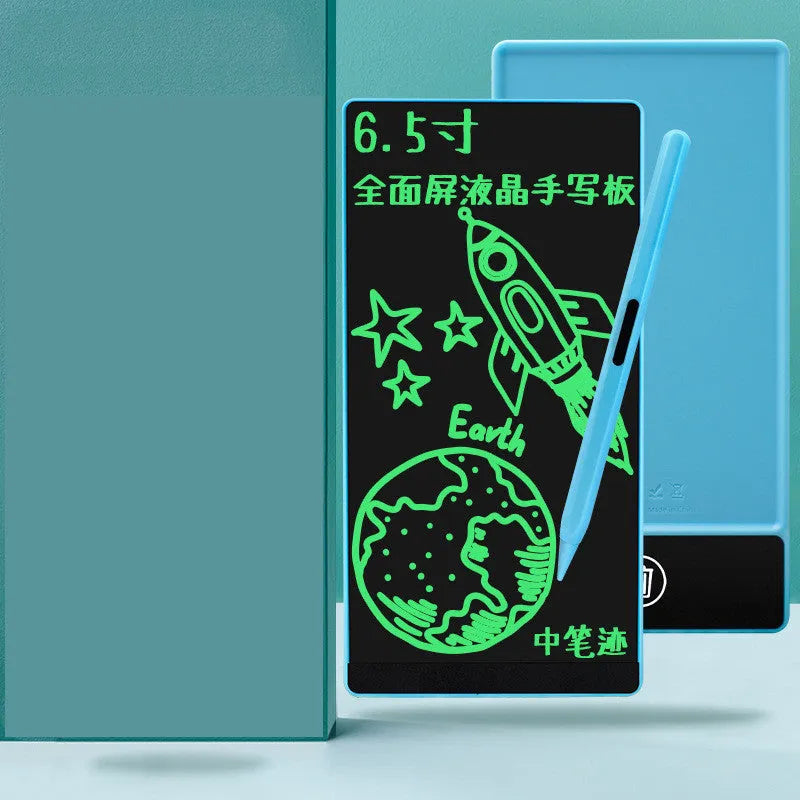 Blue student LCD handwriting tablet with stylus on a 6.5 inch screen for writing and arithmetic practice.