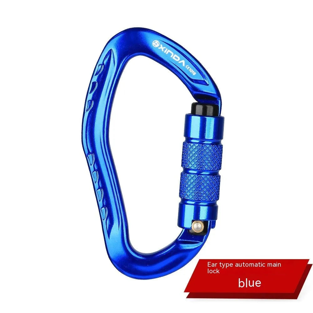 Automatic locking metal climbing carabiner with a manual safety screw on the gate, shown in silver finish.