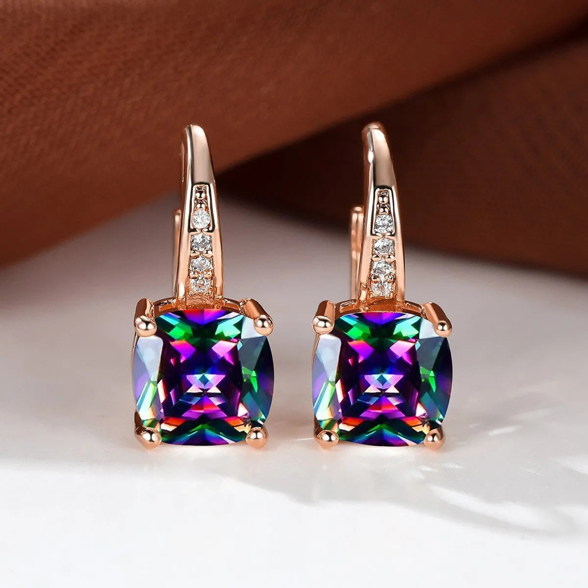 Square zircon inlaid geometric ear hooks in Korean style with electroplated finish