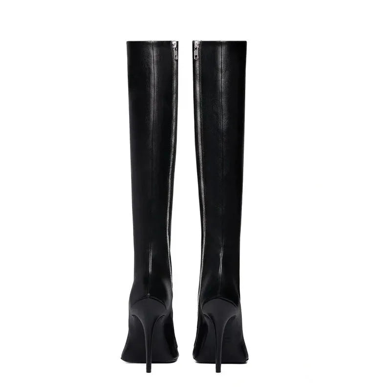 Black women's knee-length stiletto heel boots with pointed toe and side zipper, artificial PU upper, rubber sole