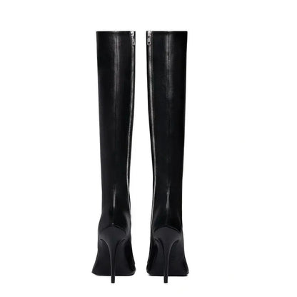 Black women's knee-length stiletto heel boots with pointed toe and side zipper, artificial PU upper, rubber sole