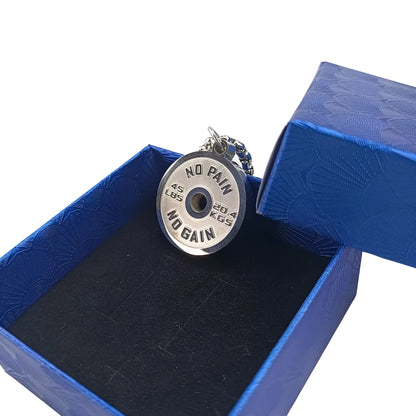 Stainless steel barbell disk necklace with polished pendant on 60cm chain
