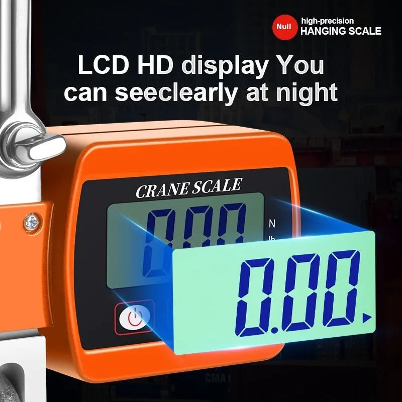 Electronic hook scale with digital LCD display showing weight measurement, available in blue, orange, or white colours
