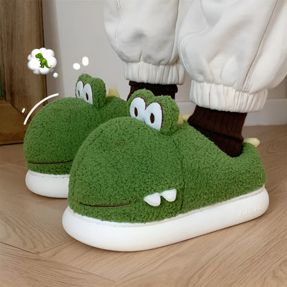 Green fuzzy slippers with dinosaur pattern, suede upper and EVA sole, indoor winter footwear for women
