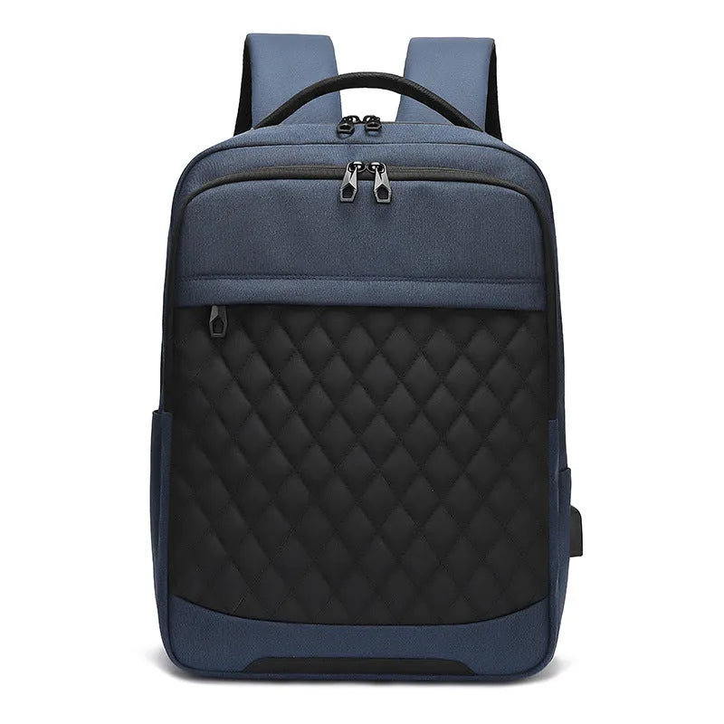 Men's Oxford cloth travel backpack with curved shoulder straps and diamond mesh panels in black colour