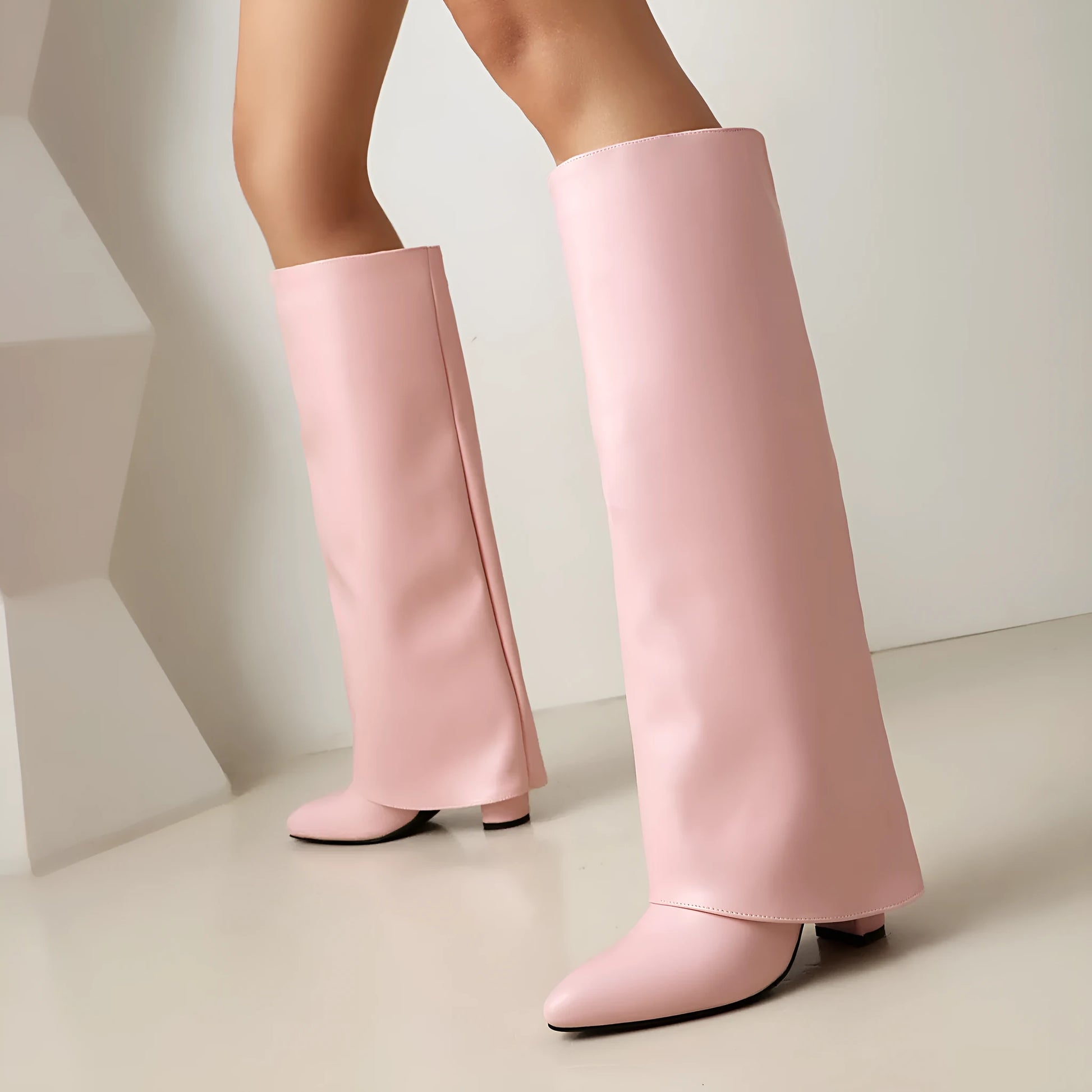 Women's plus size thick high heel boots in white, black and pink colours with sewing line detailing
