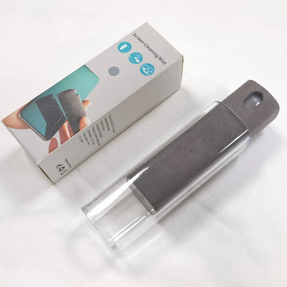 Portable all-in-one screen cleaner kit with protective shell, microfiber wipe, and internal fluid bottle.