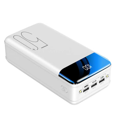 Black large capacity power bank with 50,000mAh, three output ports, and dimensions 169mm by 83mm by 52mm