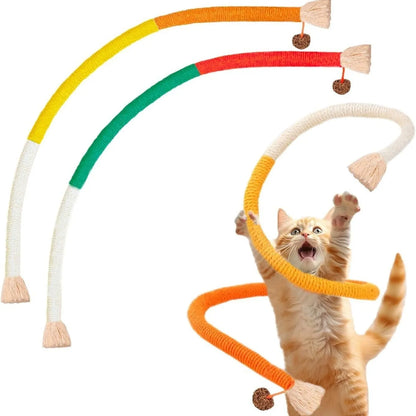 A 70cm long cotton string cat bite rope toy in three colour options: purple, orange, and red with green.