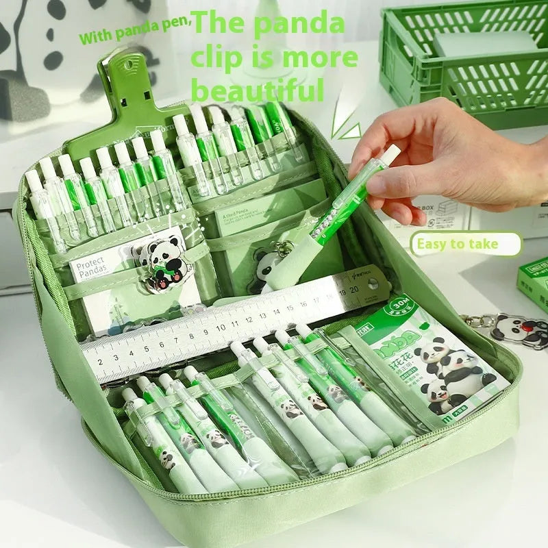 Green canvas pencil case with 12 layer panda design and multiple compartments for stationery organisation