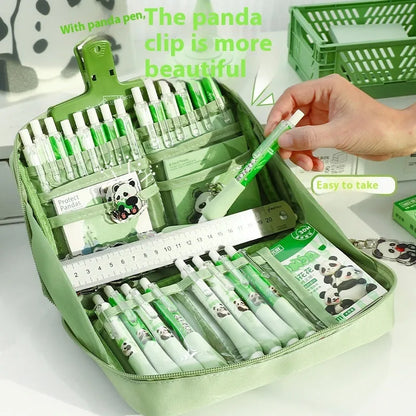 Green canvas pencil case with 12 layer panda design and multiple compartments for stationery organisation
