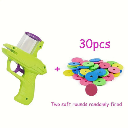 Green and purple durable plastic cat toy launcher for foam disc play without batteries