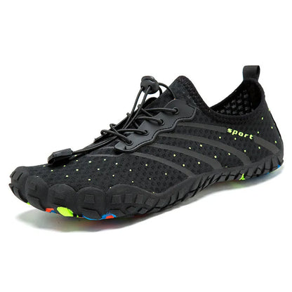 Low-top beach swimming shoes in army green with mesh fabric upper and rubber sole for fast drainage