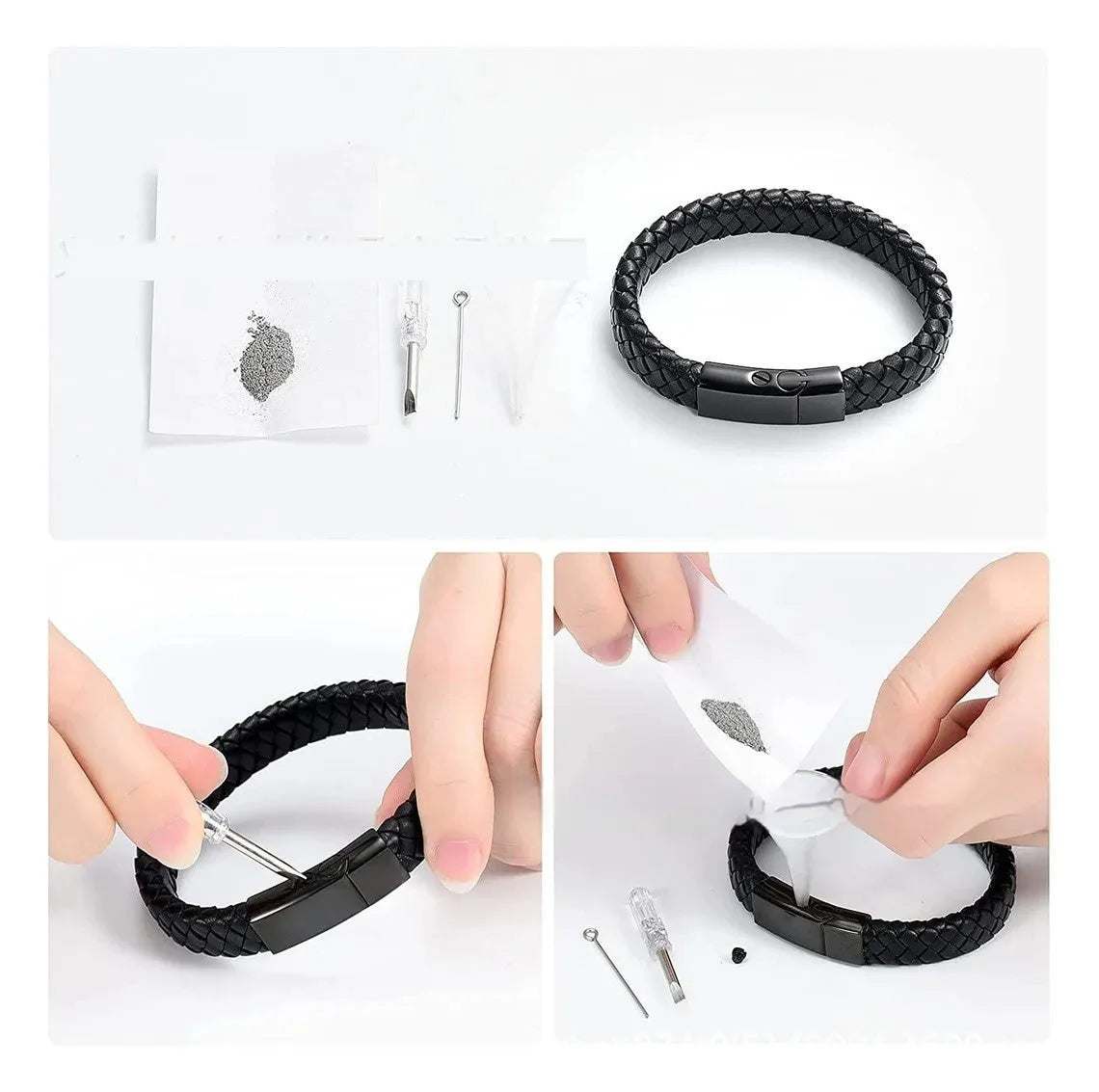 Black leather and stainless steel cinerary bracelet with personalised English letters, presented in a gift box.