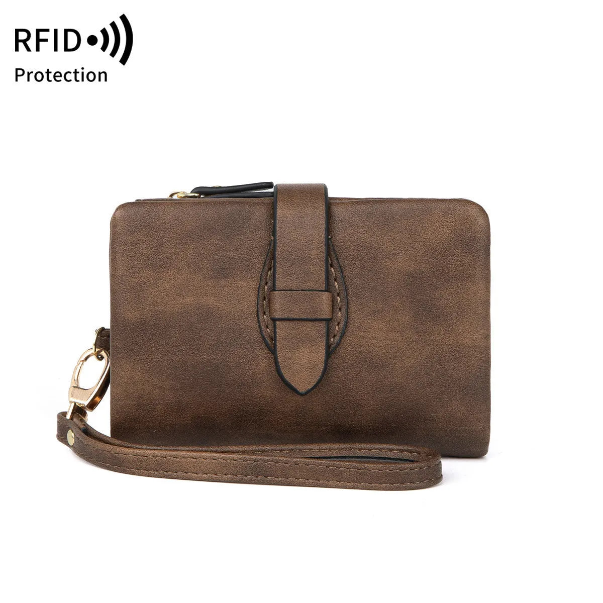 RFID women's short wallet in PU leather with sewing line detail, available in eight colours