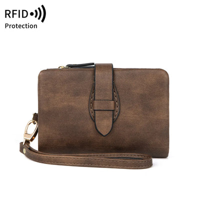 RFID women's short wallet in PU leather with sewing line detail, available in eight colours