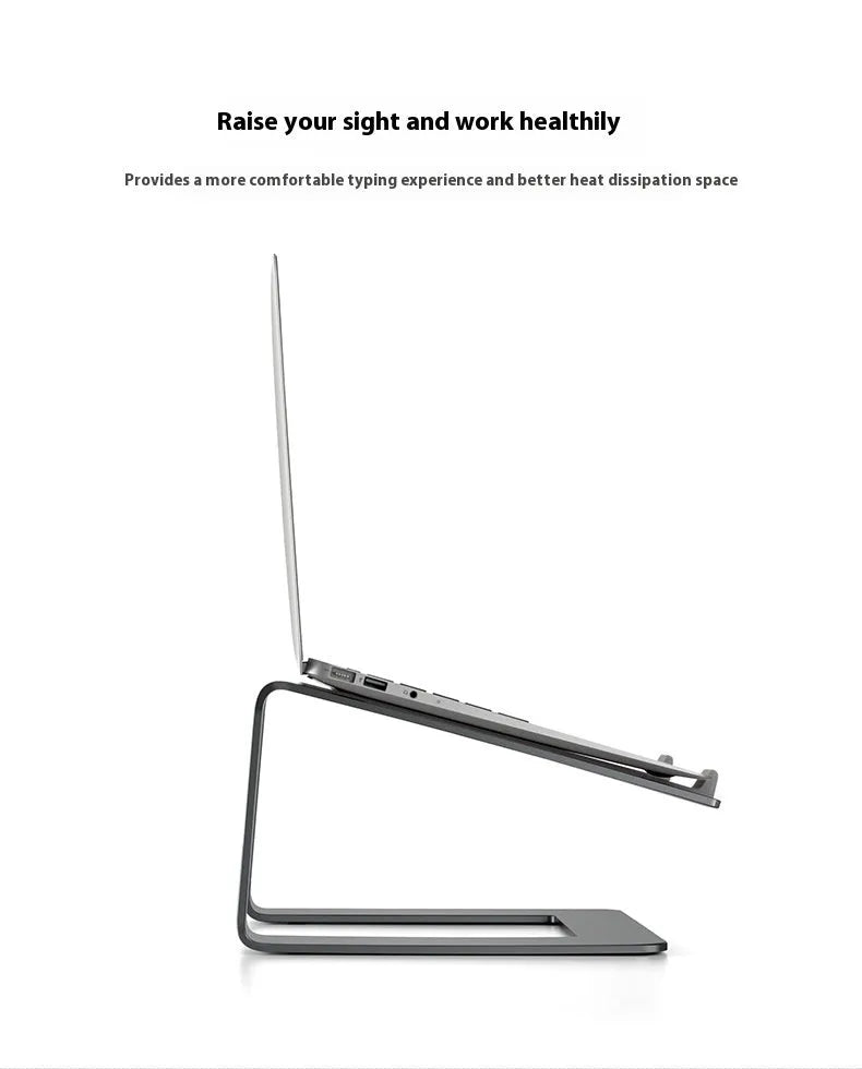 Black aluminium alloy laptop stand on a desk, showing its raised platform and open base design.