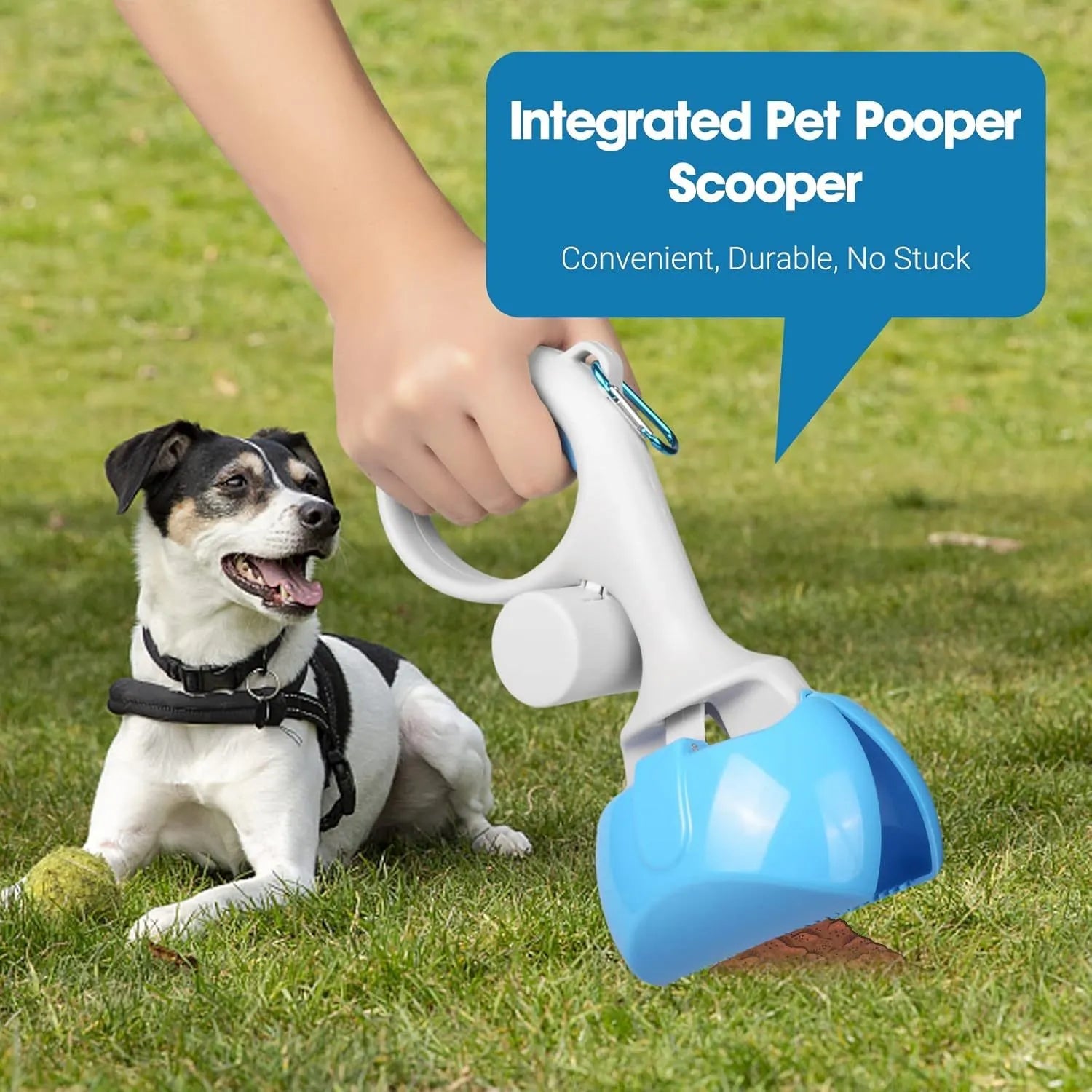 A black ABS plastic pooper scooper with a built-in waste bag holder and a top carrying hook.