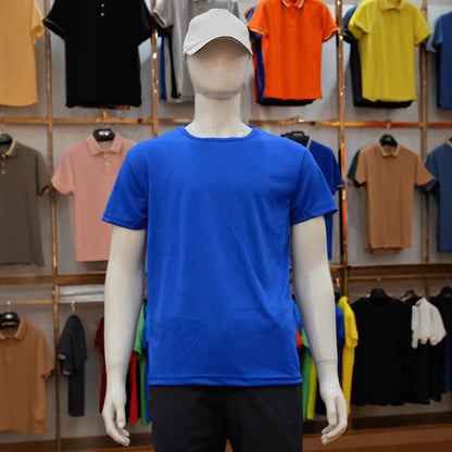 Men's slim fit quick-drying short sleeve t-shirt in a solid colour on a hanger.