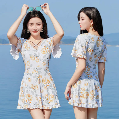 Women's blue floral print high waist one-piece swimsuit for swimming