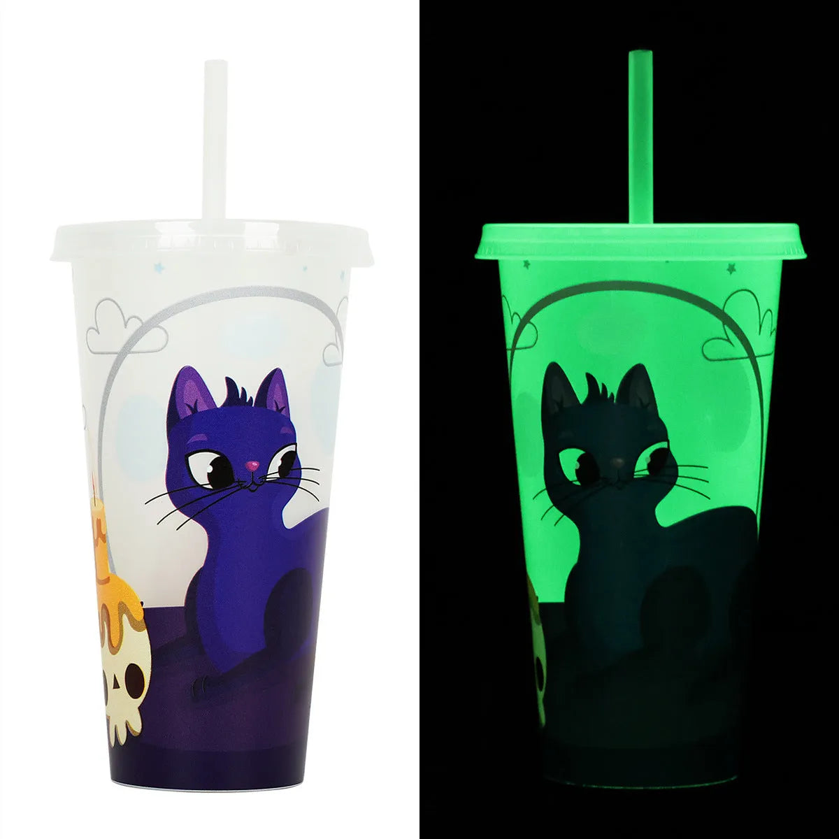 720ml plastic sippy cup with Halloween luminous straw, cylindrical shape, 17.5cm height