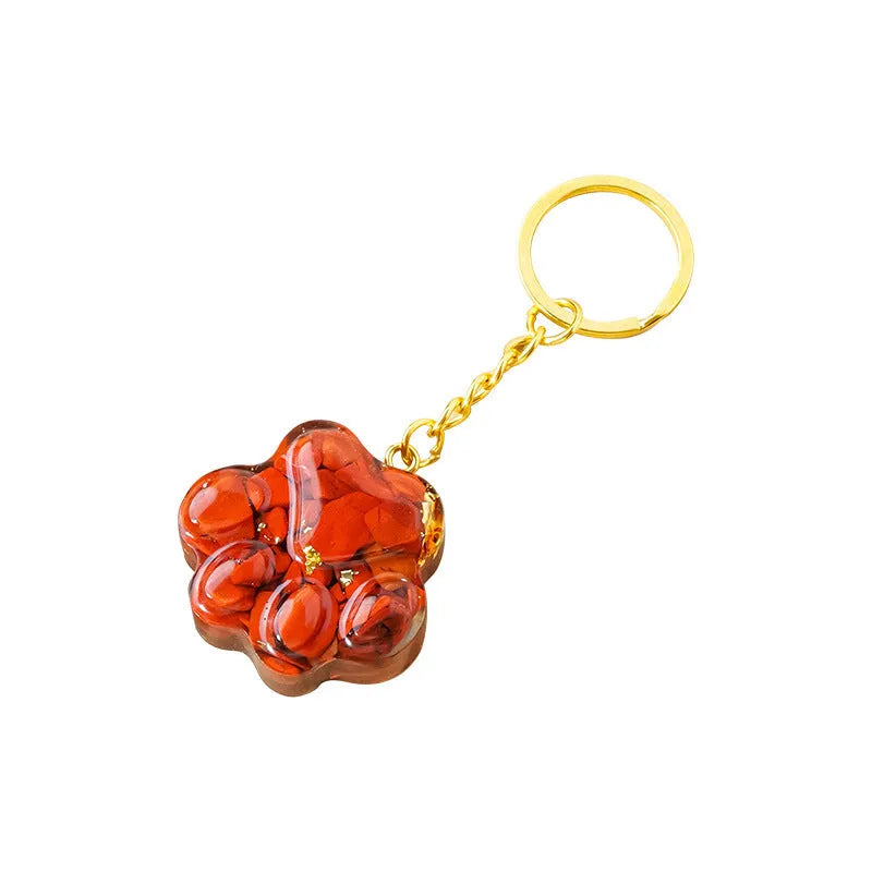 Natural crystal cat's paw keychain pendant with metal keyring in various gemstone colours