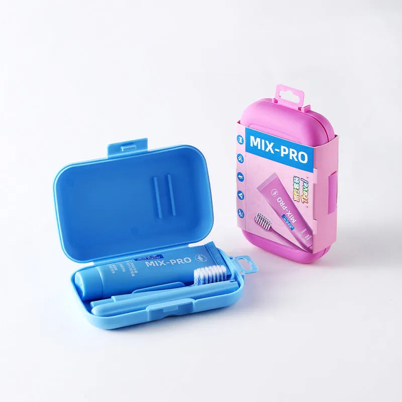 Portable Travel Toothbrush and Toothpaste Set includes manual toothbrush and 50g toothpaste in a compact combination kit suitable for adults travelling with blue or pink colour options