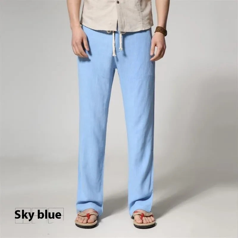 Men's straight leg casual trousers in cotton linen blend showing mid-waist design and straight leg opening