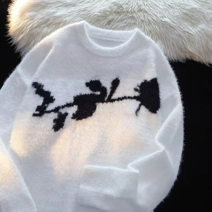 Men's black cotton fleece jumper with flocked horse design on front, long sleeve pullover style