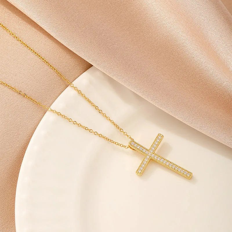 Women's copper necklace light luxury love pendant jewellery set for female with four pendant choices including heart, butterfly, cross, and round diamond shapes featuring electroplating finish