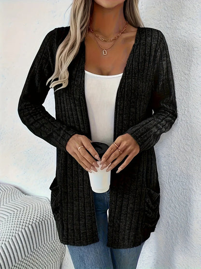 Men's solid grey loose-fitting long sleeve cardigan with side pockets