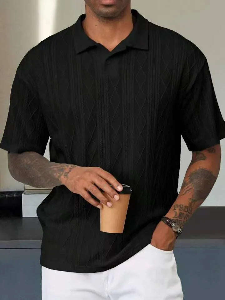 Retro button lapel short sleeve T-shirt in cotton blend fabric showing slit detail