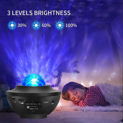 Small black bowl-shaped starry sky projection lamp with remote control on a desk.