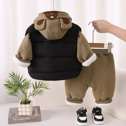 Boys' cotton three-piece suit with fleece lining, hooded top, trousers and vest in beige khaki or green black